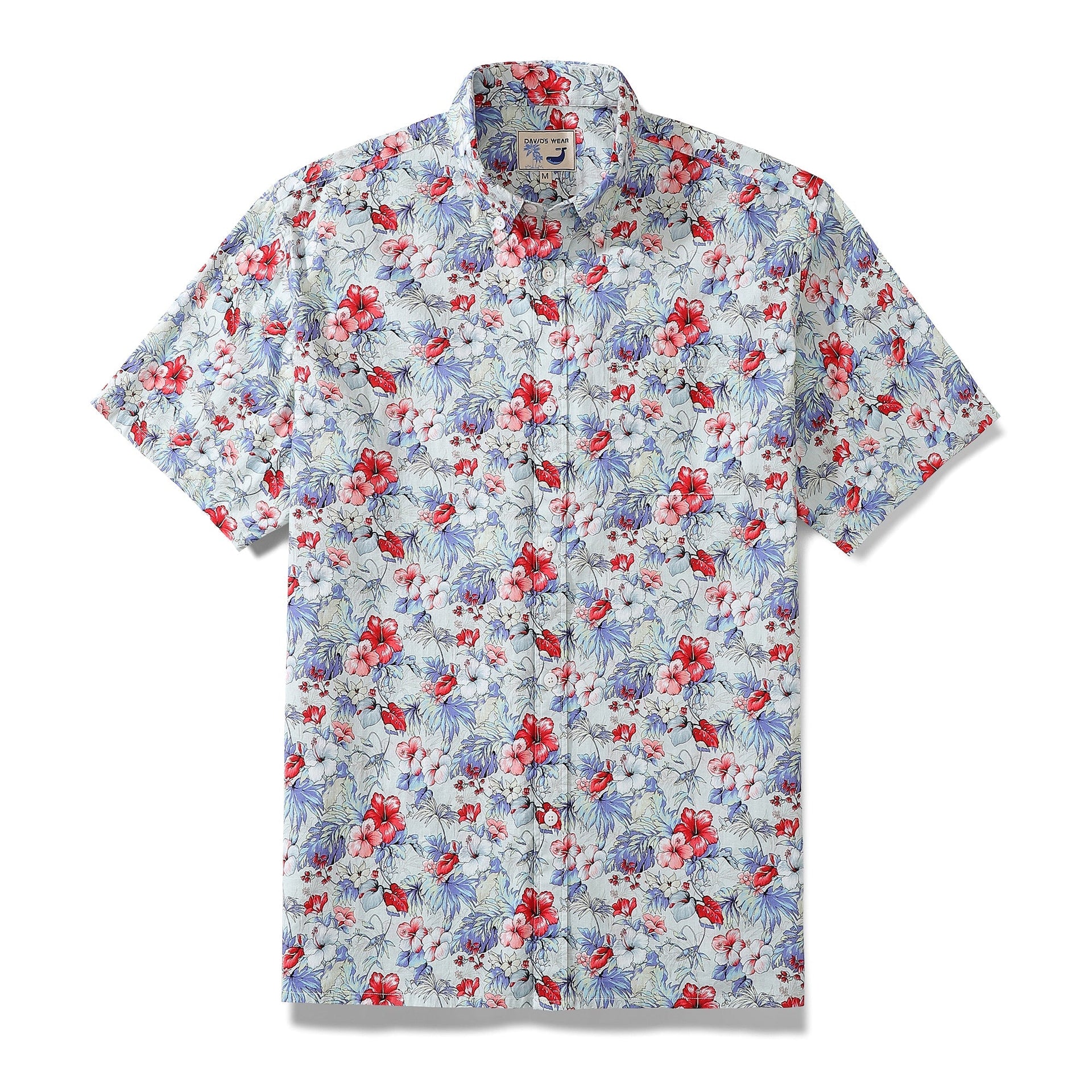 Men's cotton Hawaiian shirt featuring a vibrant tropical hibiscus floral print in white, red, and blue.