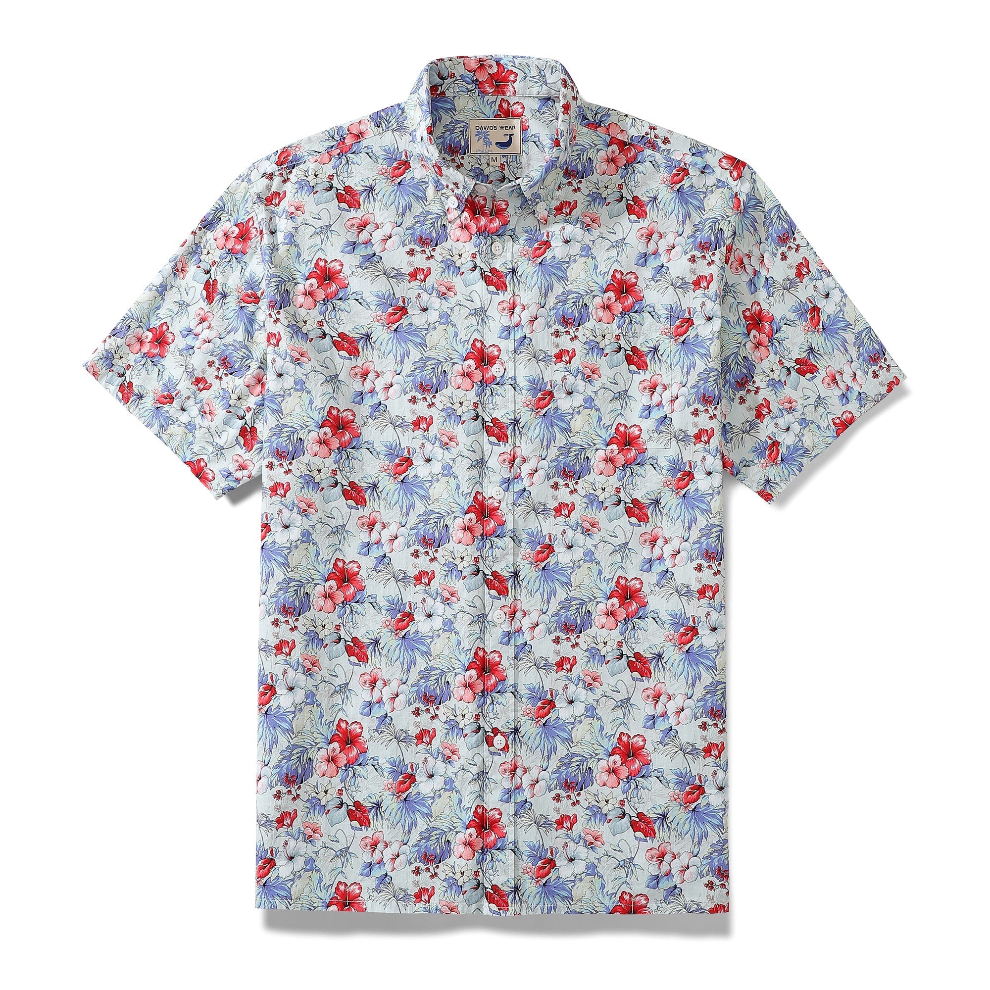 Men's cotton Hawaiian shirt featuring a vibrant tropical hibiscus floral print in white, red, and blue.