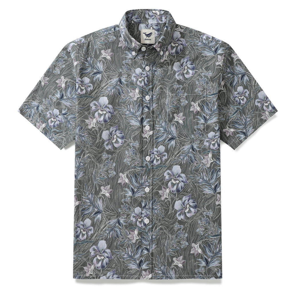 Men's vintage 1920s style Aloha shirt with misty garden floral print in grey, blue, and white.
