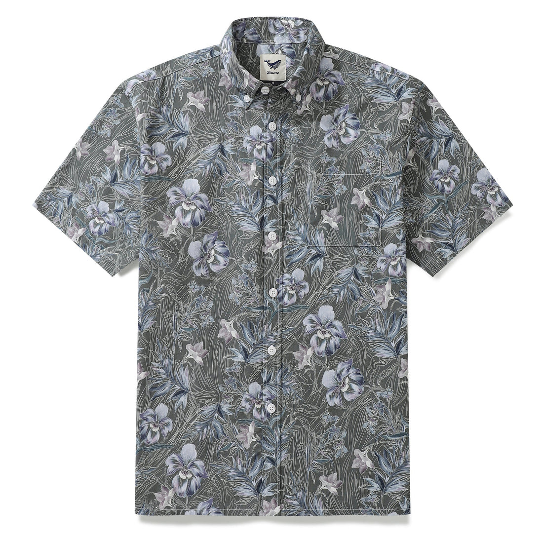Men's vintage 1920s style Aloha shirt with misty garden floral print in grey, blue, and white.