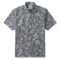 Men's vintage 1920s style Aloha shirt with misty garden floral print in grey, blue, and white.