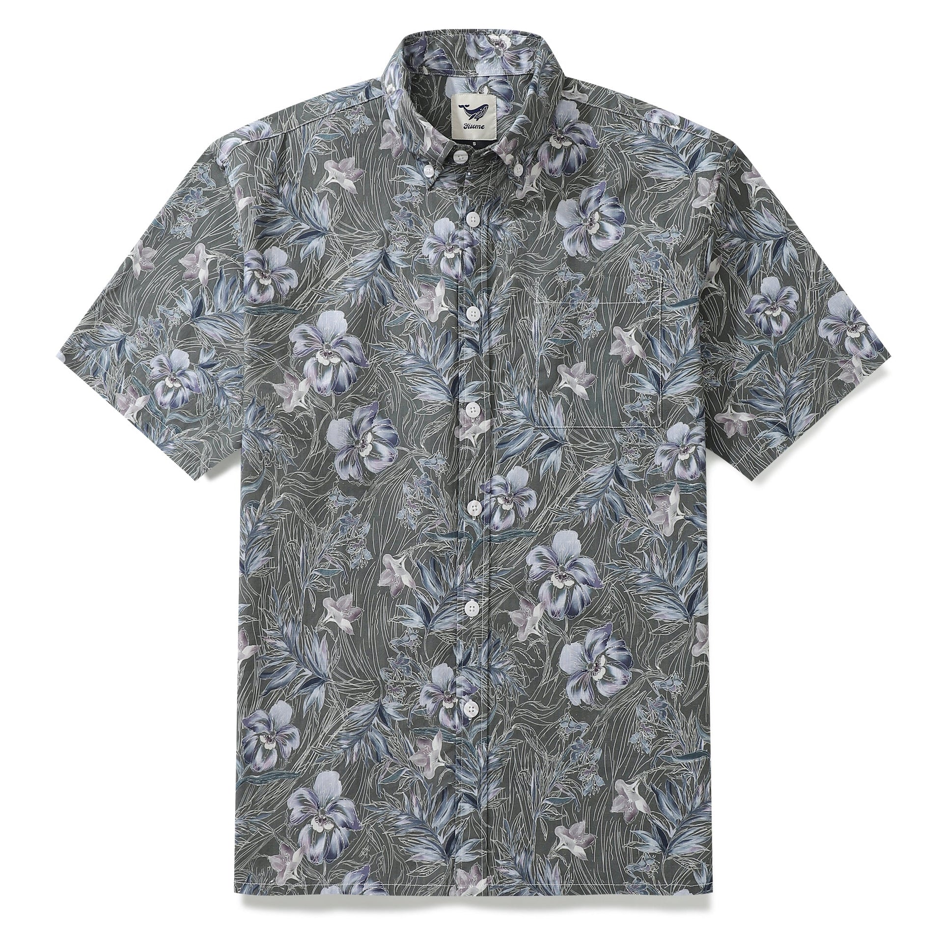Men's vintage 1920s style Aloha shirt with misty garden floral print in grey, blue, and white.
