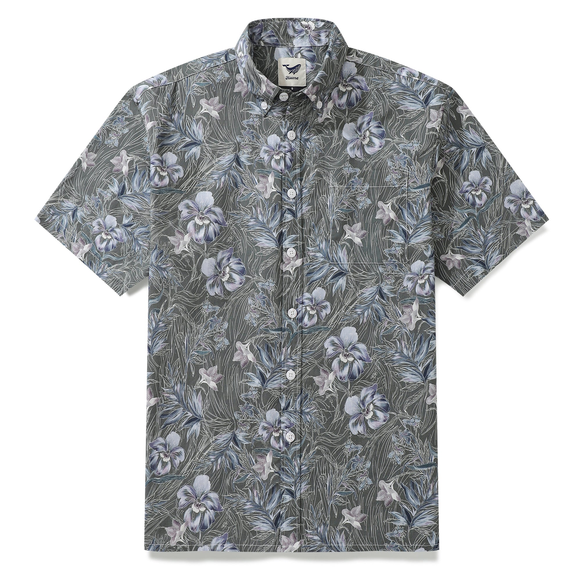 Men's vintage 1920s style Aloha shirt with misty garden floral print in grey, blue, and white.