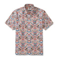 Men's cream and floral print cotton Hawaiian shirt with button-down collar and short sleeves.