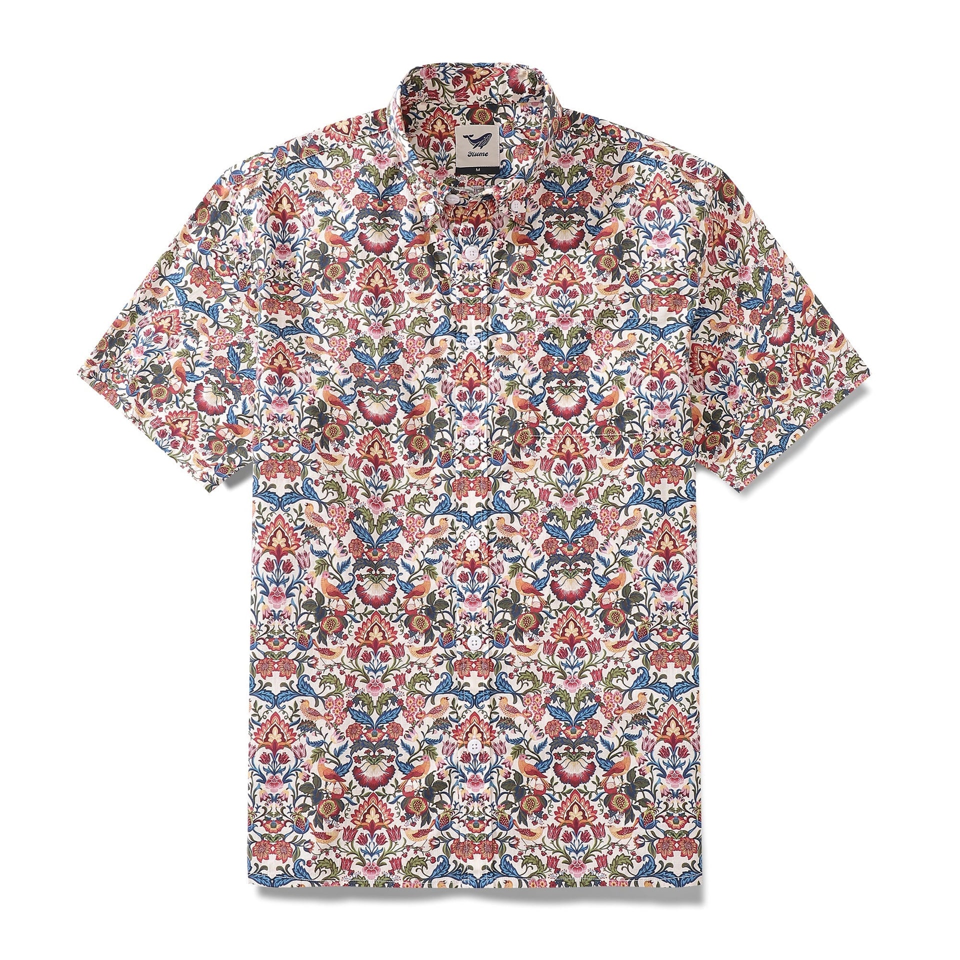Men's cream and floral print cotton Hawaiian shirt with button-down collar and short sleeves.