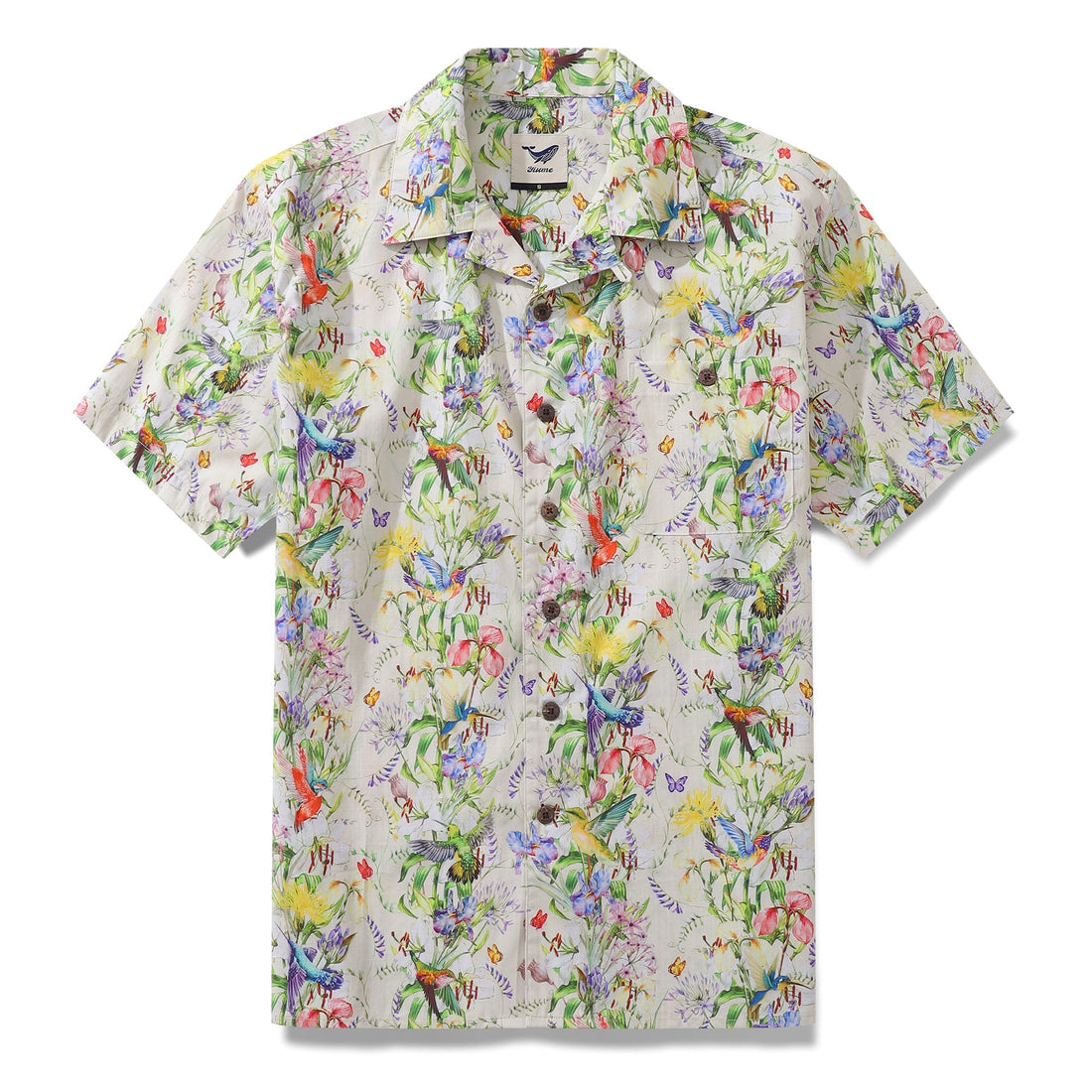 Men wearing a vibrant floral Hawaiian shirt with hummingbirds and a camp collar
