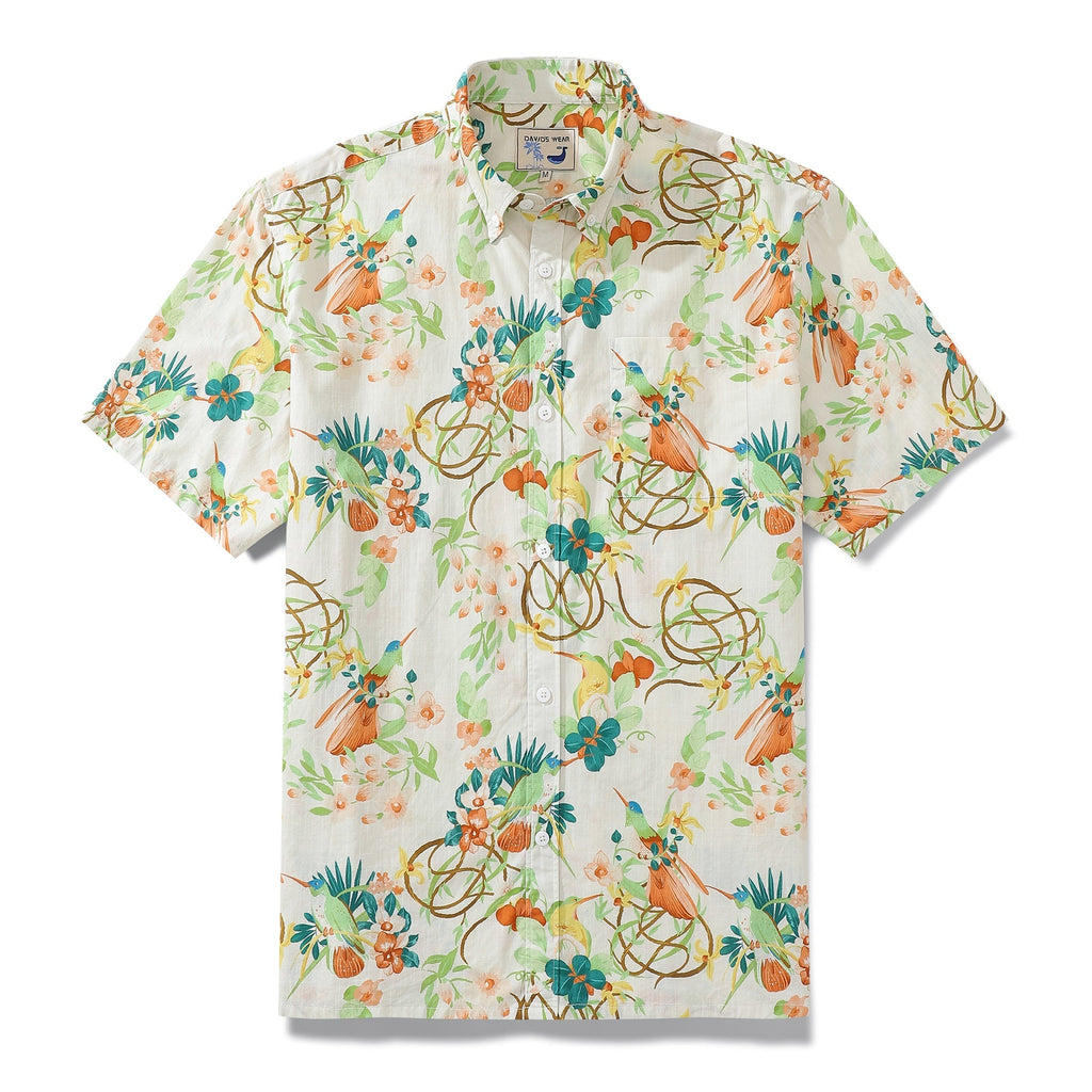 Man wearing off-white, green, and orange hummingbird and floral print cotton Aloha button-down shirt