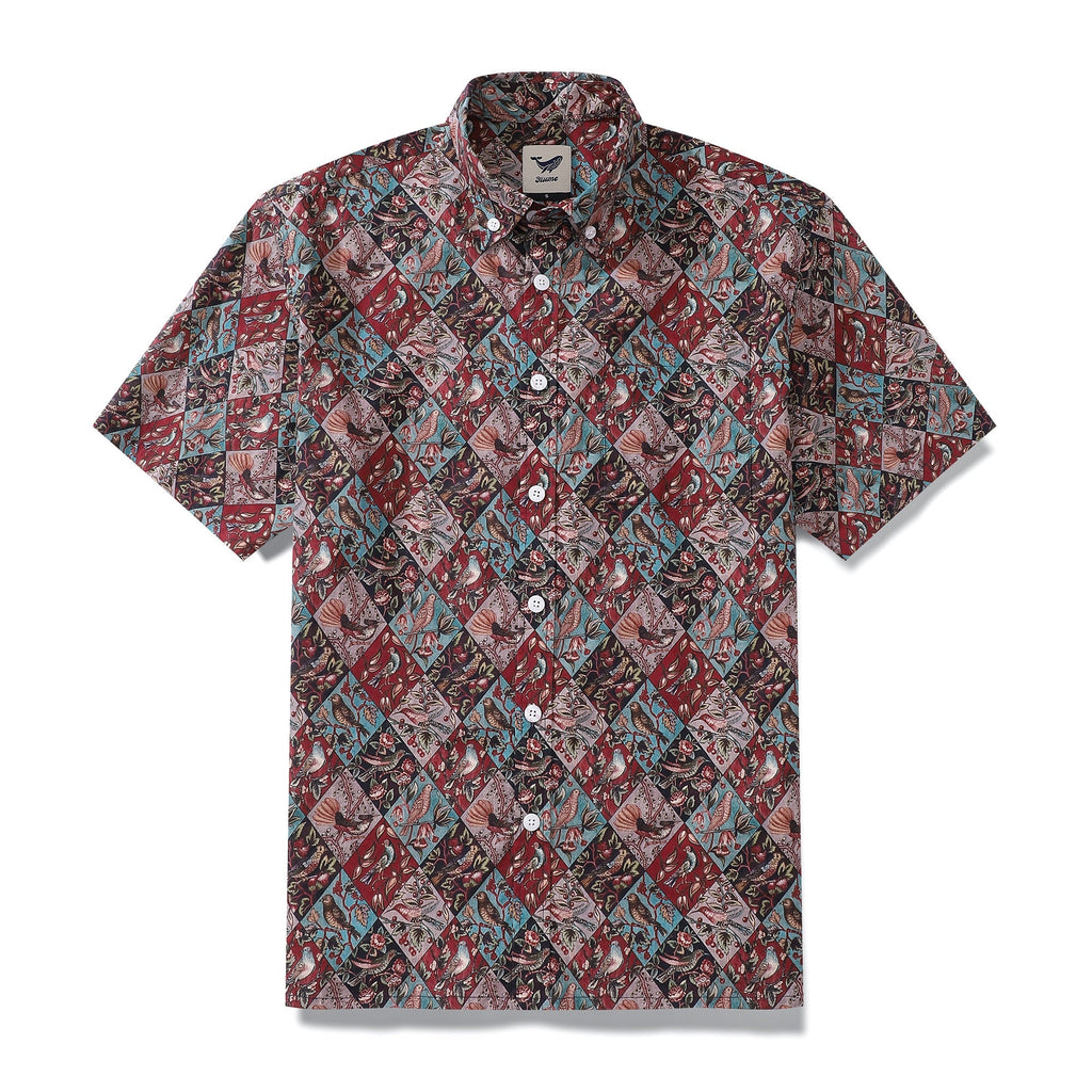Men's vintage-inspired Hawaiian shirt in burgundy, teal, and brown with a bird and floral motif.