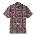 Men's vintage-inspired Hawaiian shirt in burgundy, teal, and brown with a bird and floral motif.