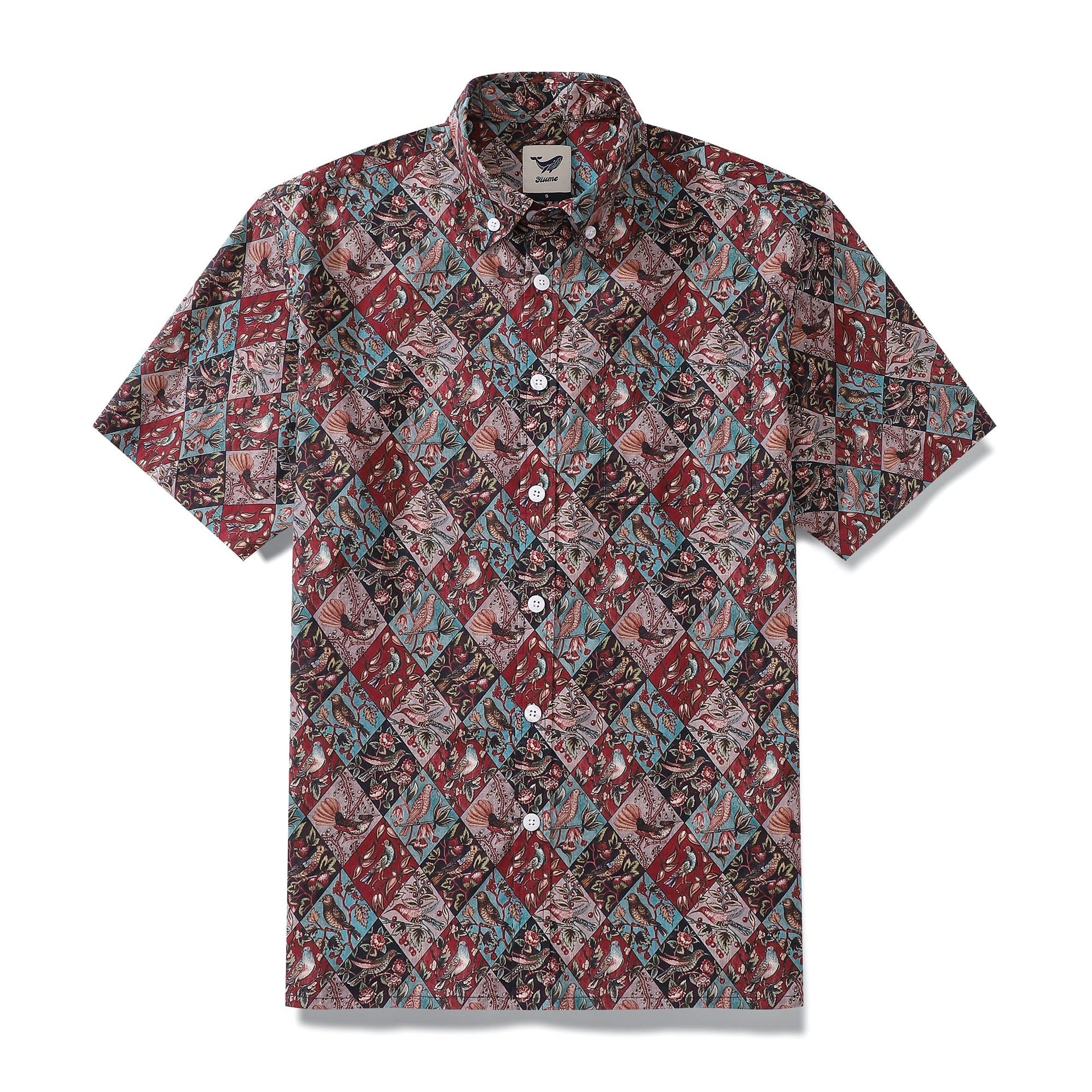 Men's vintage-inspired Hawaiian shirt in burgundy, teal, and brown with a bird and floral motif.