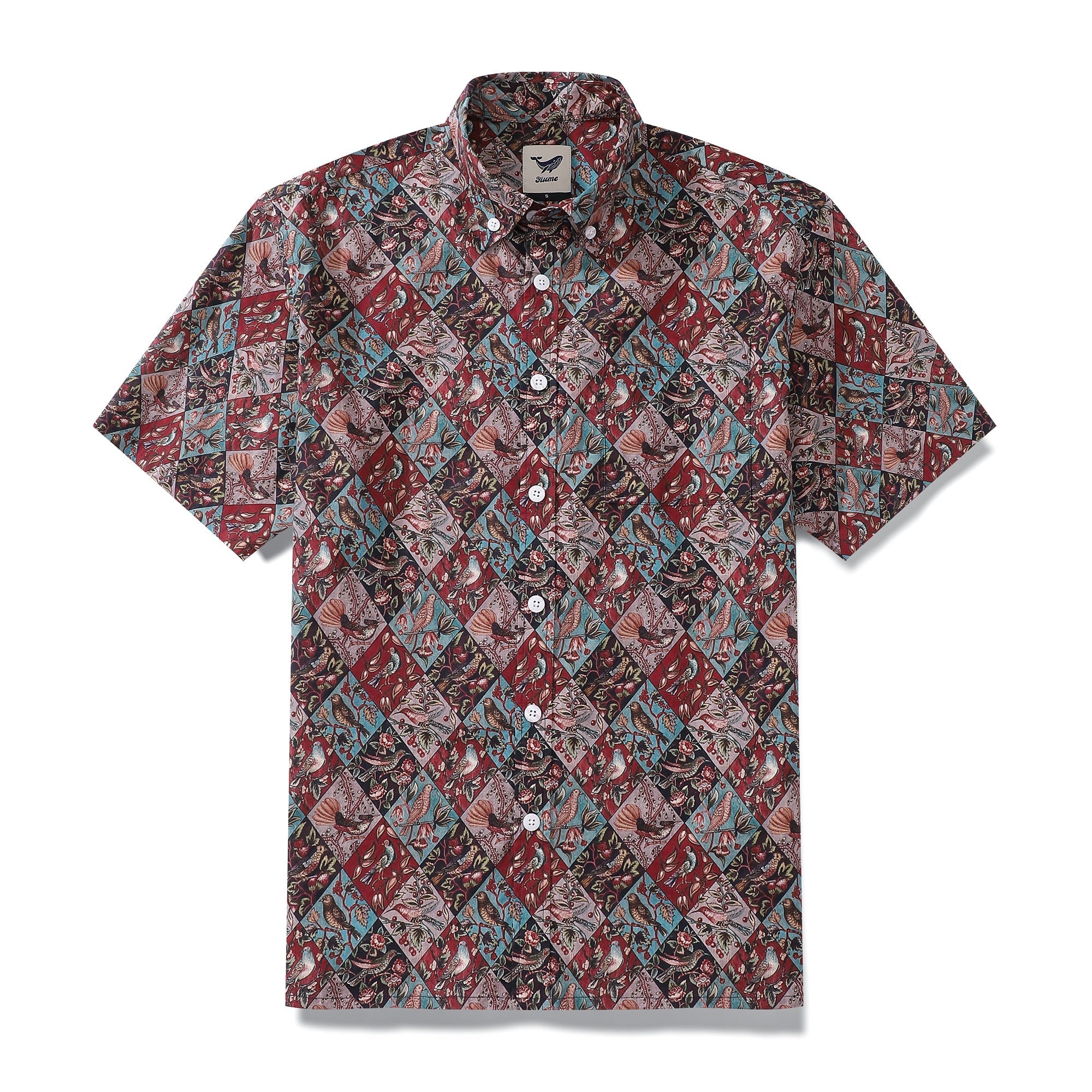 Men's vintage-inspired Hawaiian shirt in burgundy, teal, and brown with a bird and floral motif.