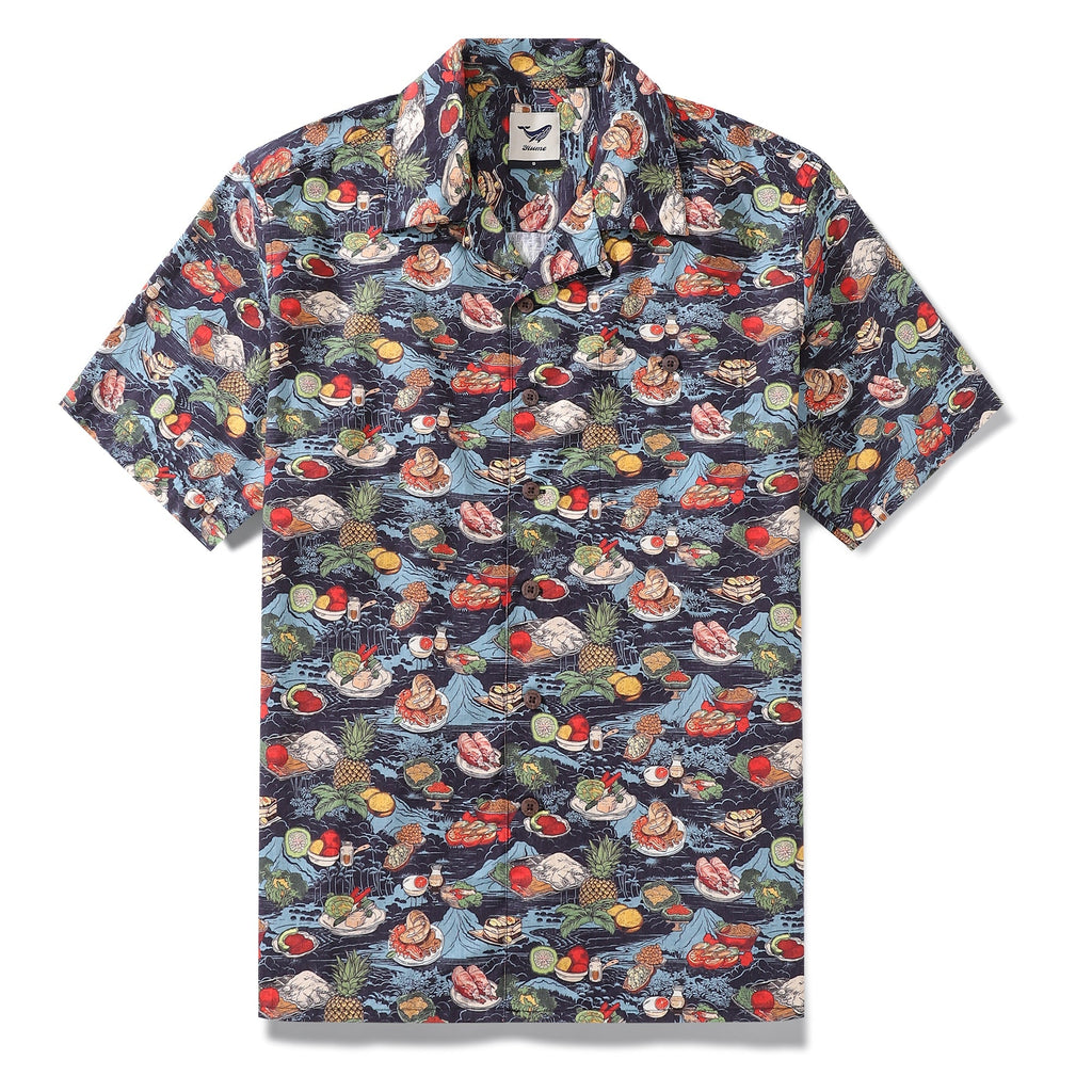 1970s vintage style Hawaiian shirt with navy and multicolor tropical scenery print and camp collar.