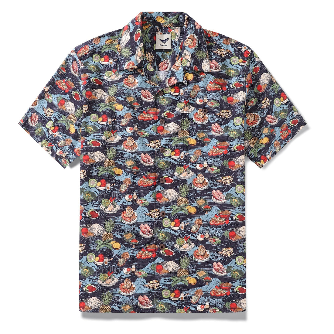 1970s vintage style Hawaiian shirt with navy and multicolor tropical scenery print and camp collar.