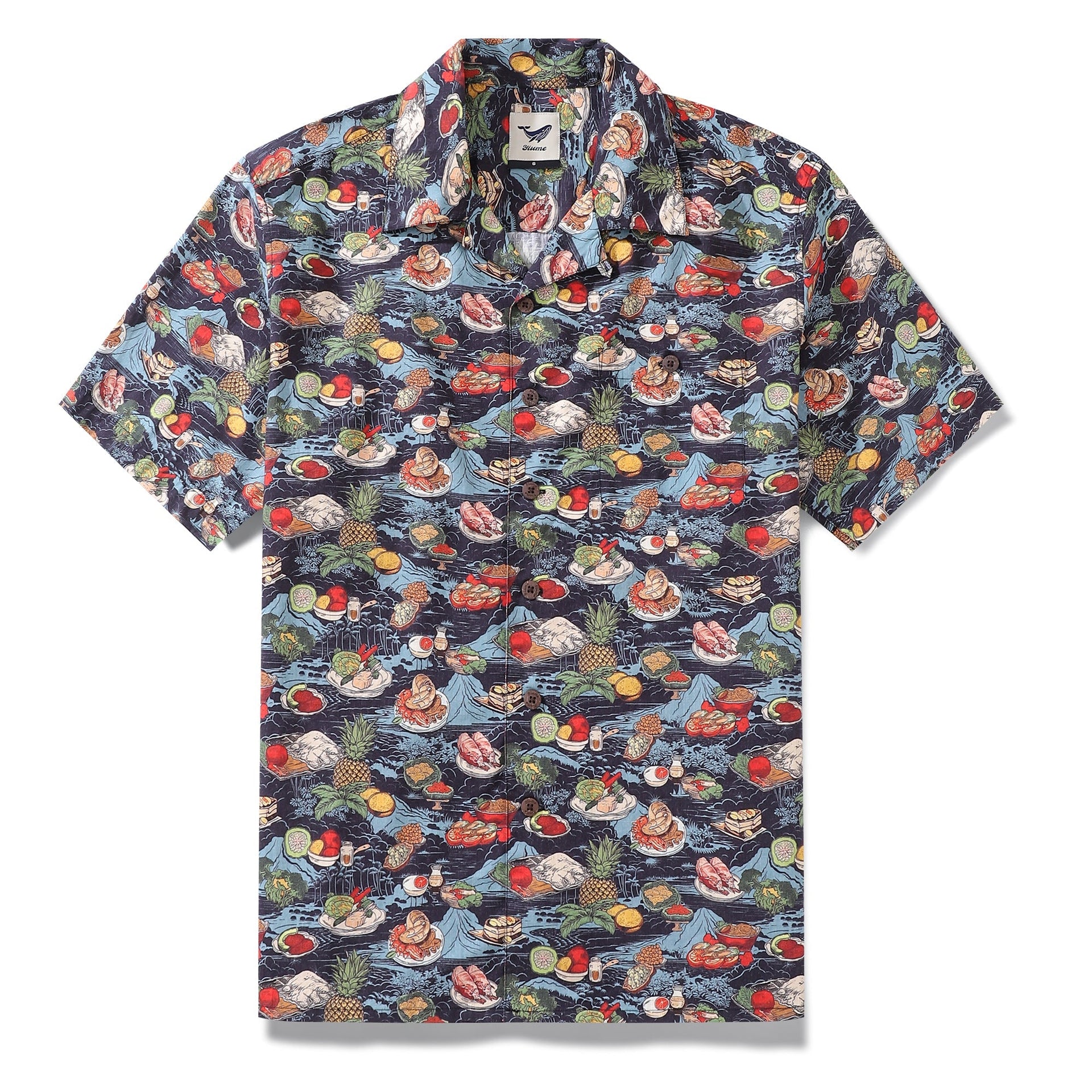 1970s vintage style Hawaiian shirt with navy and multicolor tropical scenery print and camp collar.
