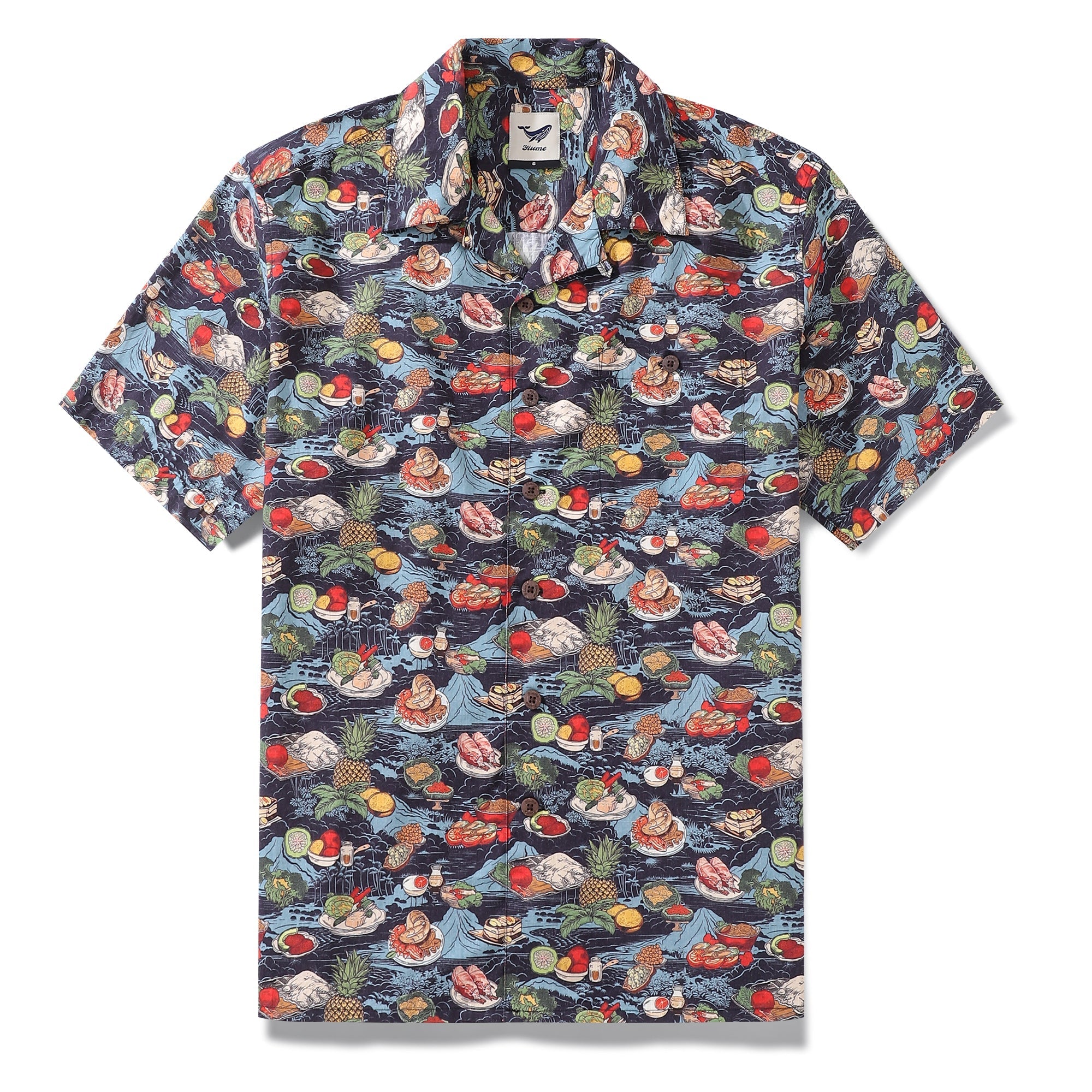 1970s vintage style Hawaiian shirt with navy and multicolor tropical scenery print and camp collar.