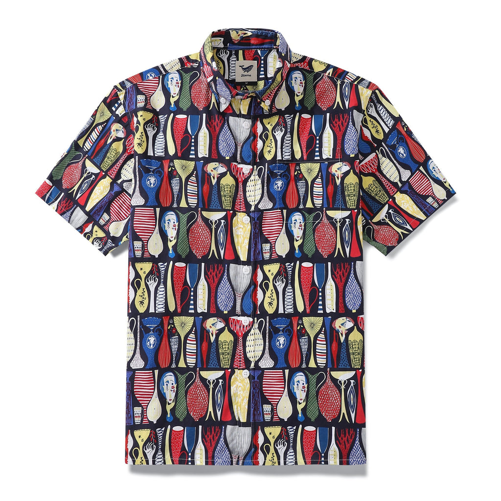 Vintage style men's Hawaiian shirt with navy, red, yellow, and blue abstract pottery print
