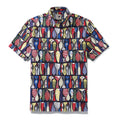 Vintage style men's Hawaiian shirt with navy, red, yellow, and blue abstract pottery print