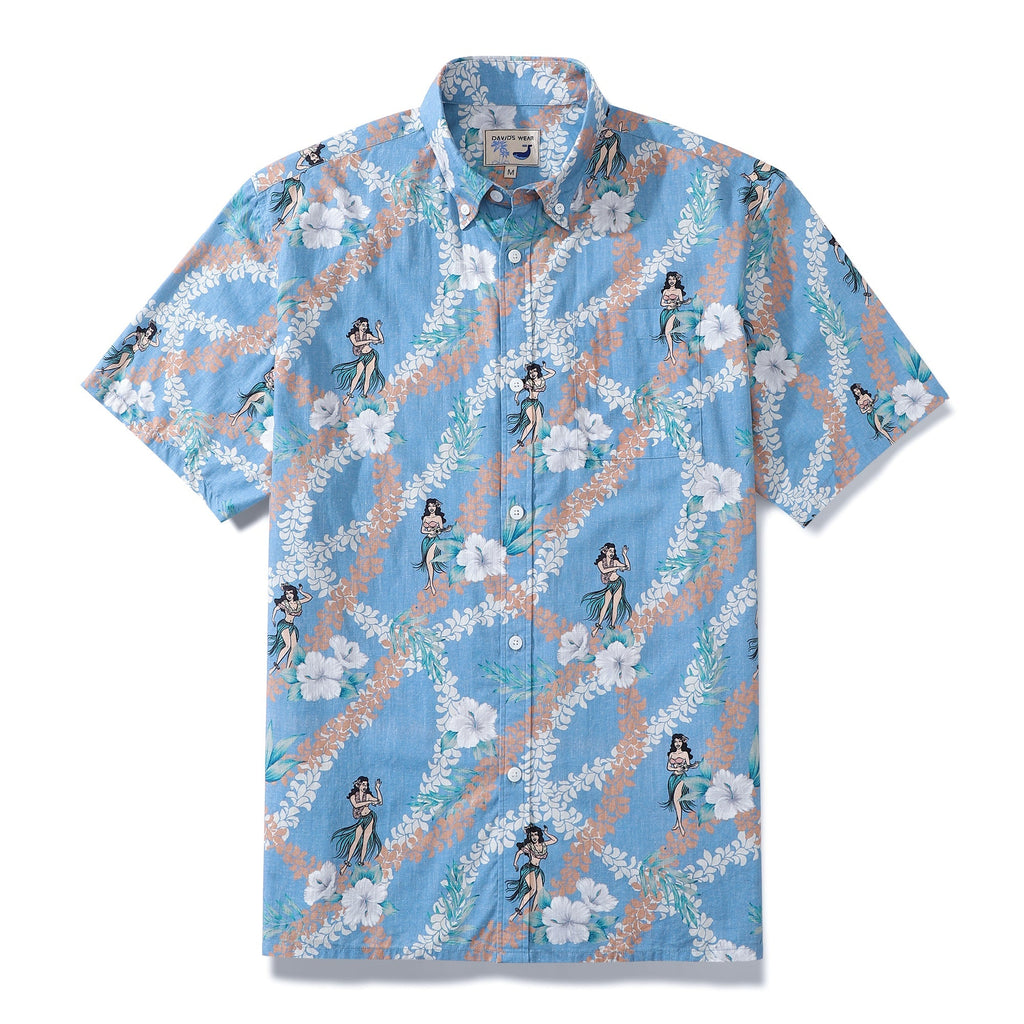 Blue designer Hawaiian shirt with hula dance, egg flower and wheat vine print