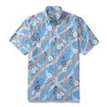 Blue designer Hawaiian shirt with hula dance, egg flower and wheat vine print