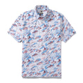 Men's coral and blue fish print Hawaiian shirt made from 100% cotton in a button-down style.