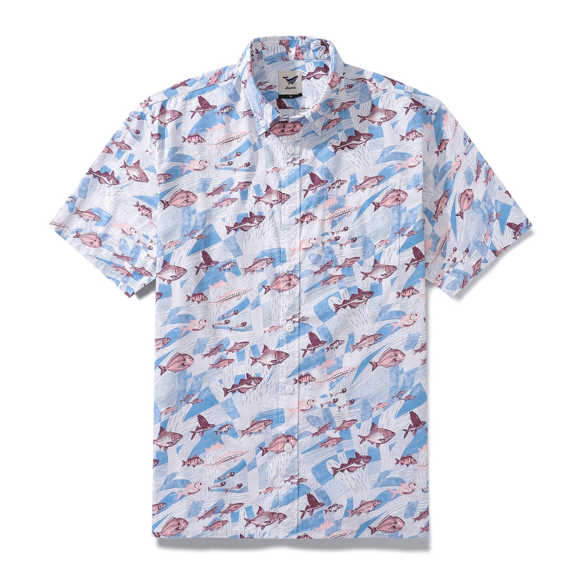 Men's coral and blue fish print Hawaiian shirt made from 100% cotton in a button-down style.