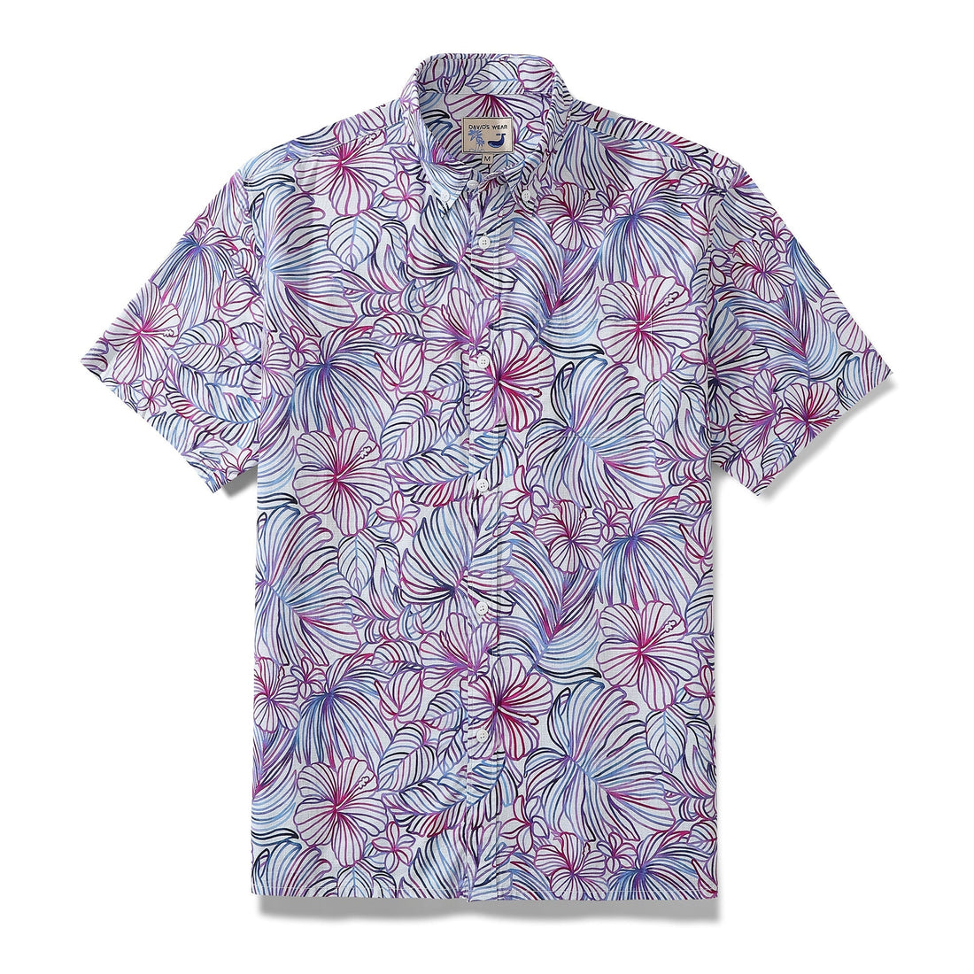 Men's purple Hawaiian shirt with tropical hibiscus and monstera floral pattern