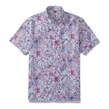 Men's purple Hawaiian shirt with tropical hibiscus and monstera floral pattern