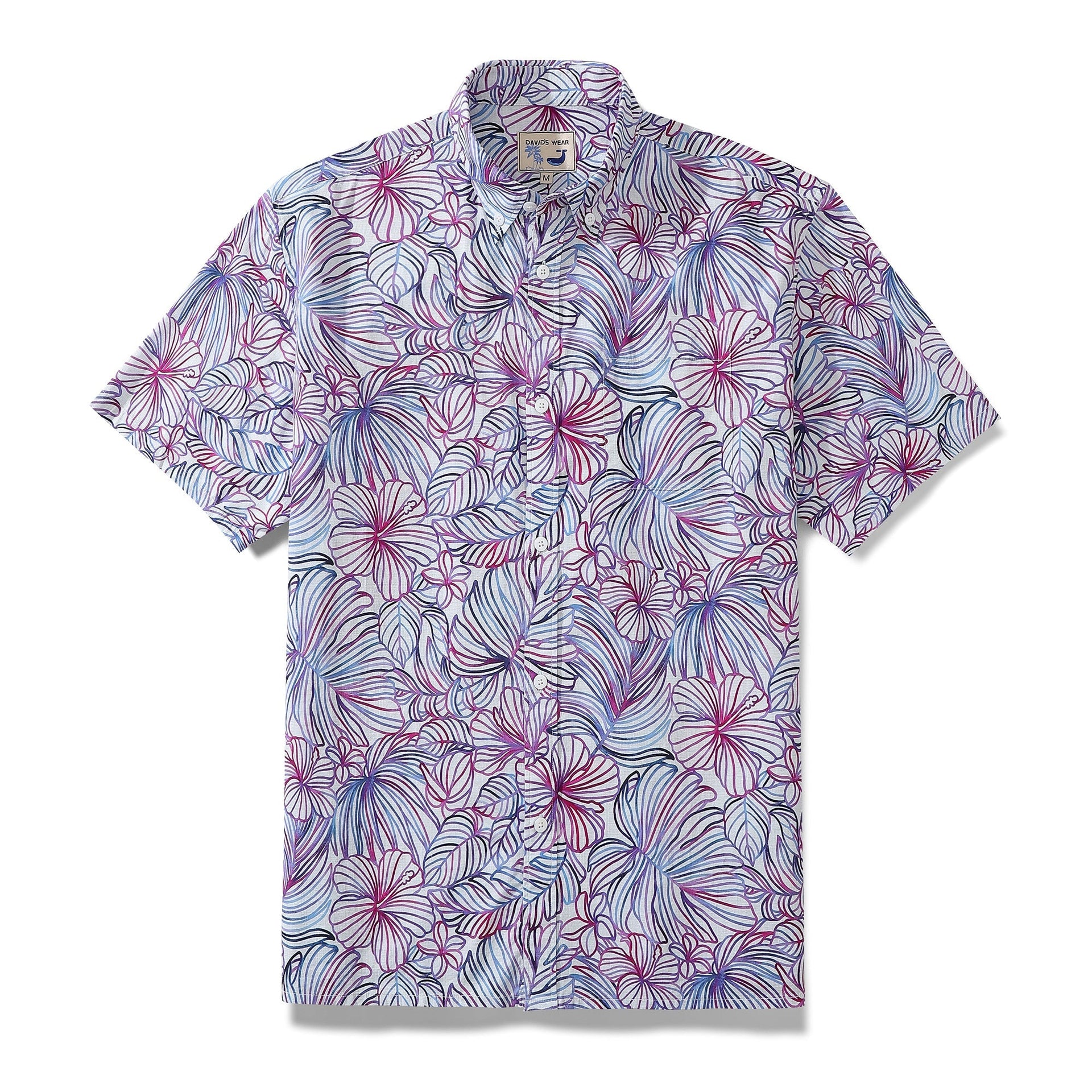 Men's purple Hawaiian shirt with tropical hibiscus and monstera floral pattern