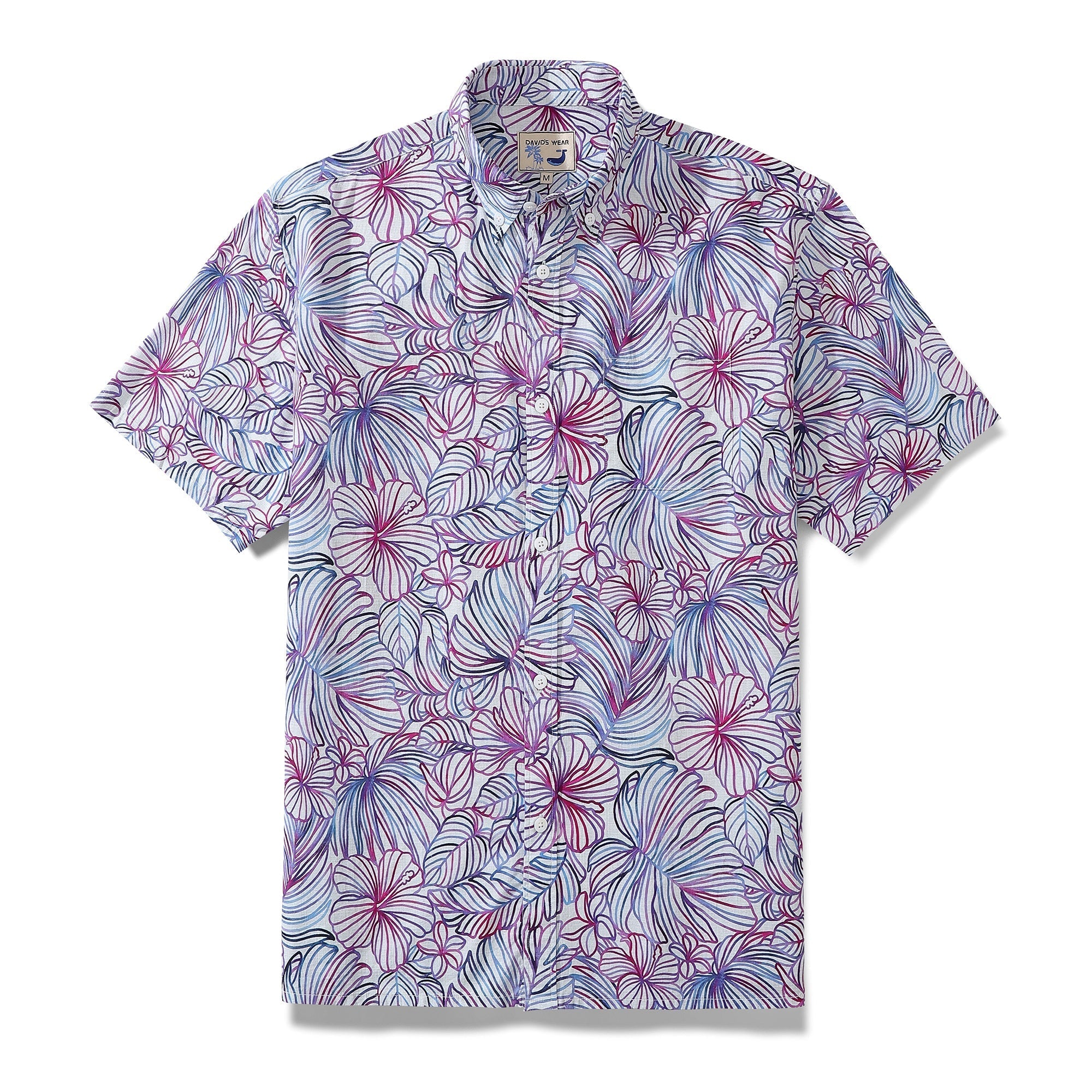 Men's purple Hawaiian shirt with tropical hibiscus and monstera floral pattern