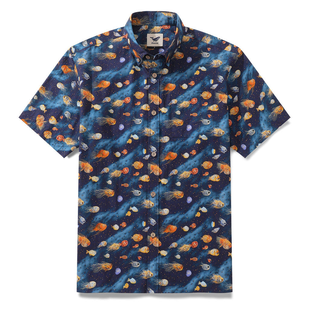 Men's short sleeve button-down shirt with an abstract navy-blue, orange, yellow, and white aquatic fish print.
