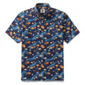 Men's short sleeve button-down shirt with an abstract navy-blue, orange, yellow, and white aquatic fish print.