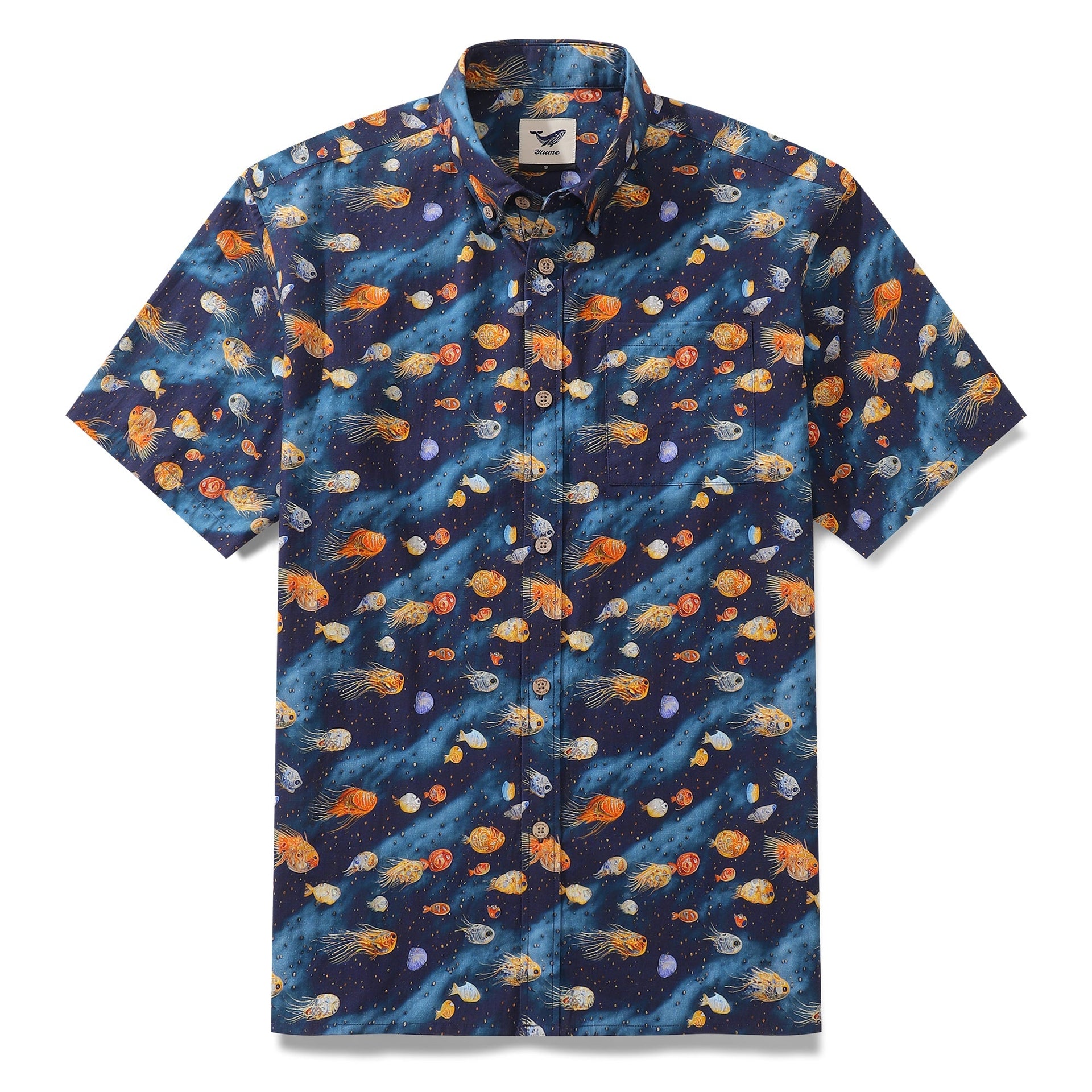 Men's short sleeve button-down shirt with an abstract navy-blue, orange, yellow, and white aquatic fish print.