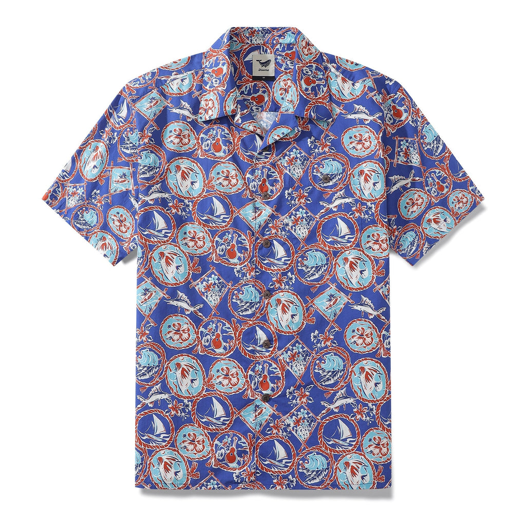Vintage 1960s style Hawaiian shirt for men in blue, red, and white with a camp collar.