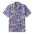 Vintage 1960s style Hawaiian shirt for men in blue, red, and white with a camp collar.