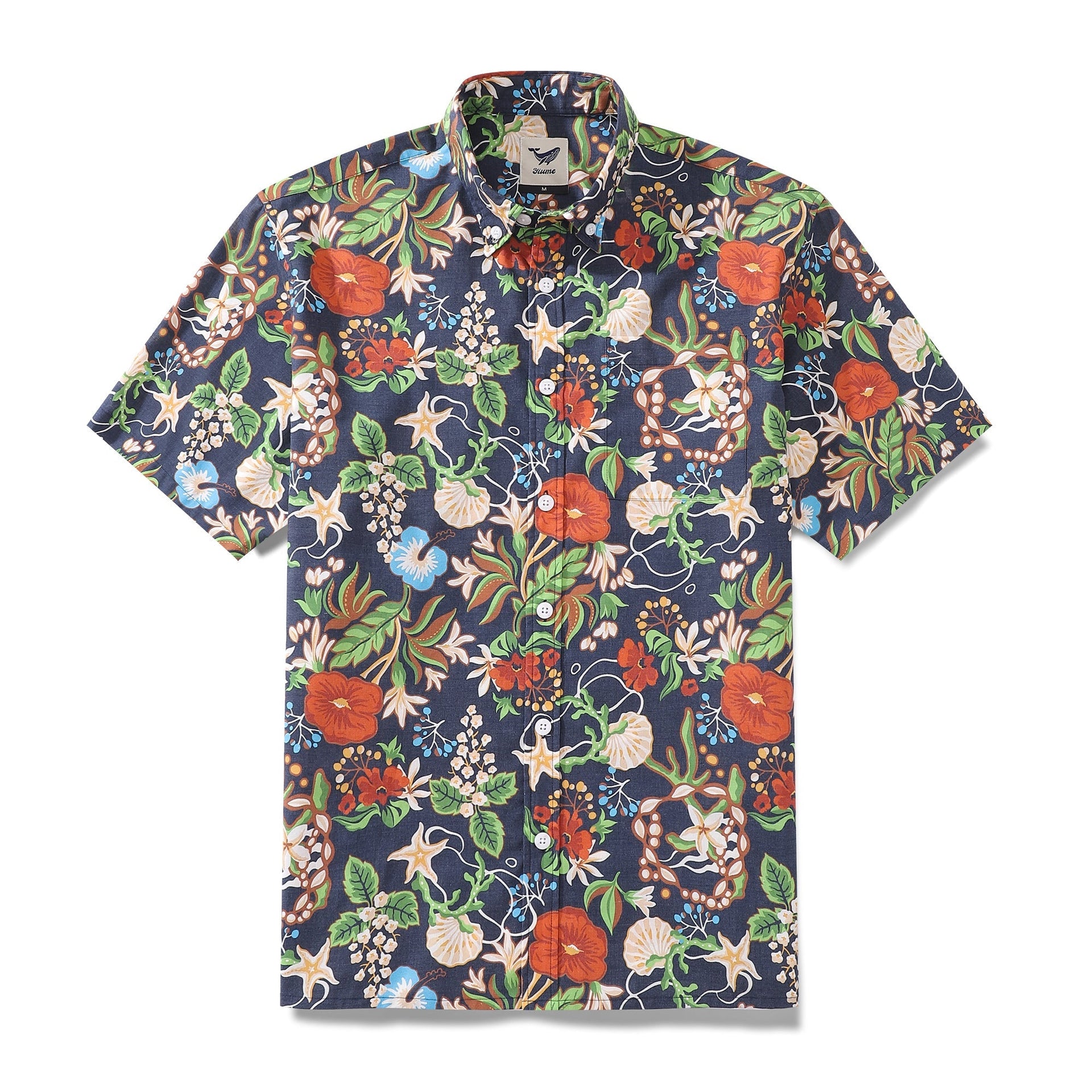 Men's 1940s vintage Hawaiian shirt with a Treasure Garden floral print and short sleeves.