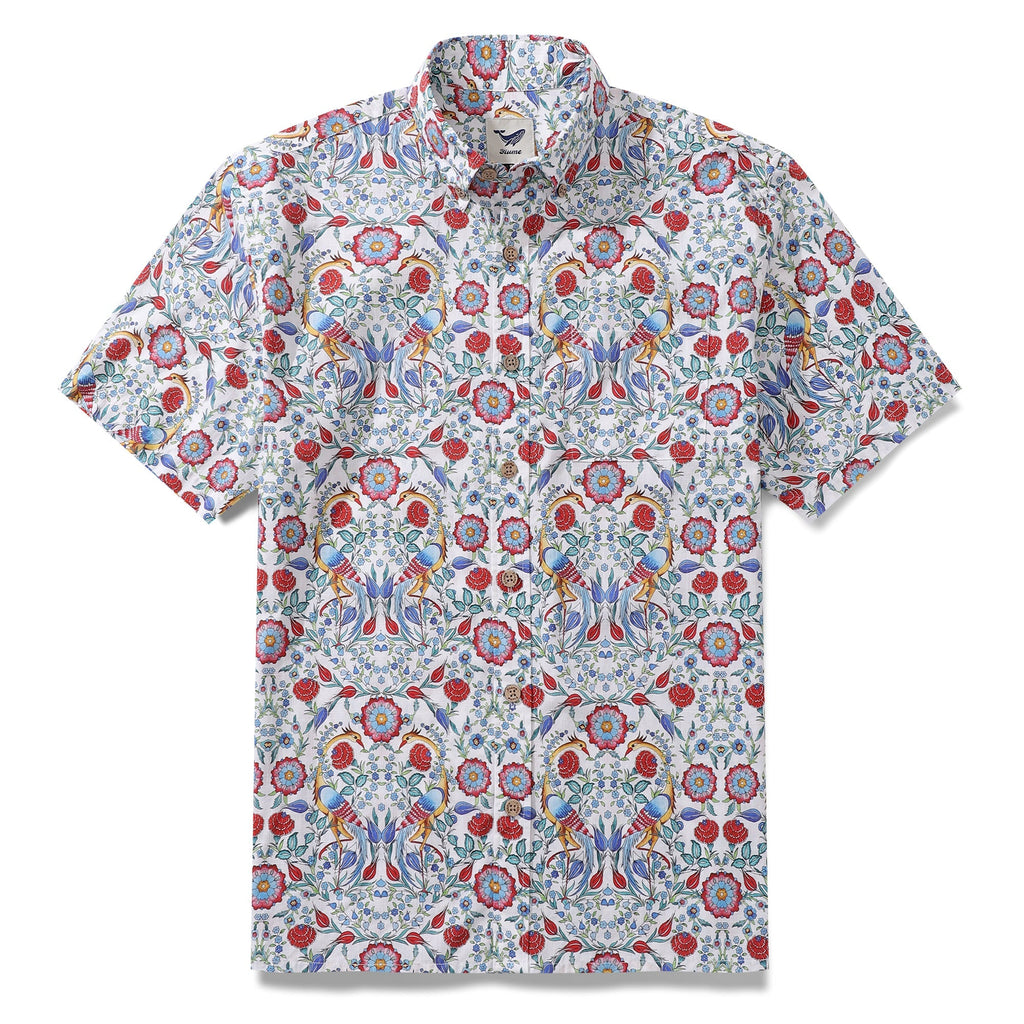 Men's short sleeve button-down shirt featuring a Turkish-inspired floral pattern in red, blue, and white.
