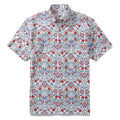 Men's short sleeve button-down shirt featuring a Turkish-inspired floral pattern in red, blue, and white.