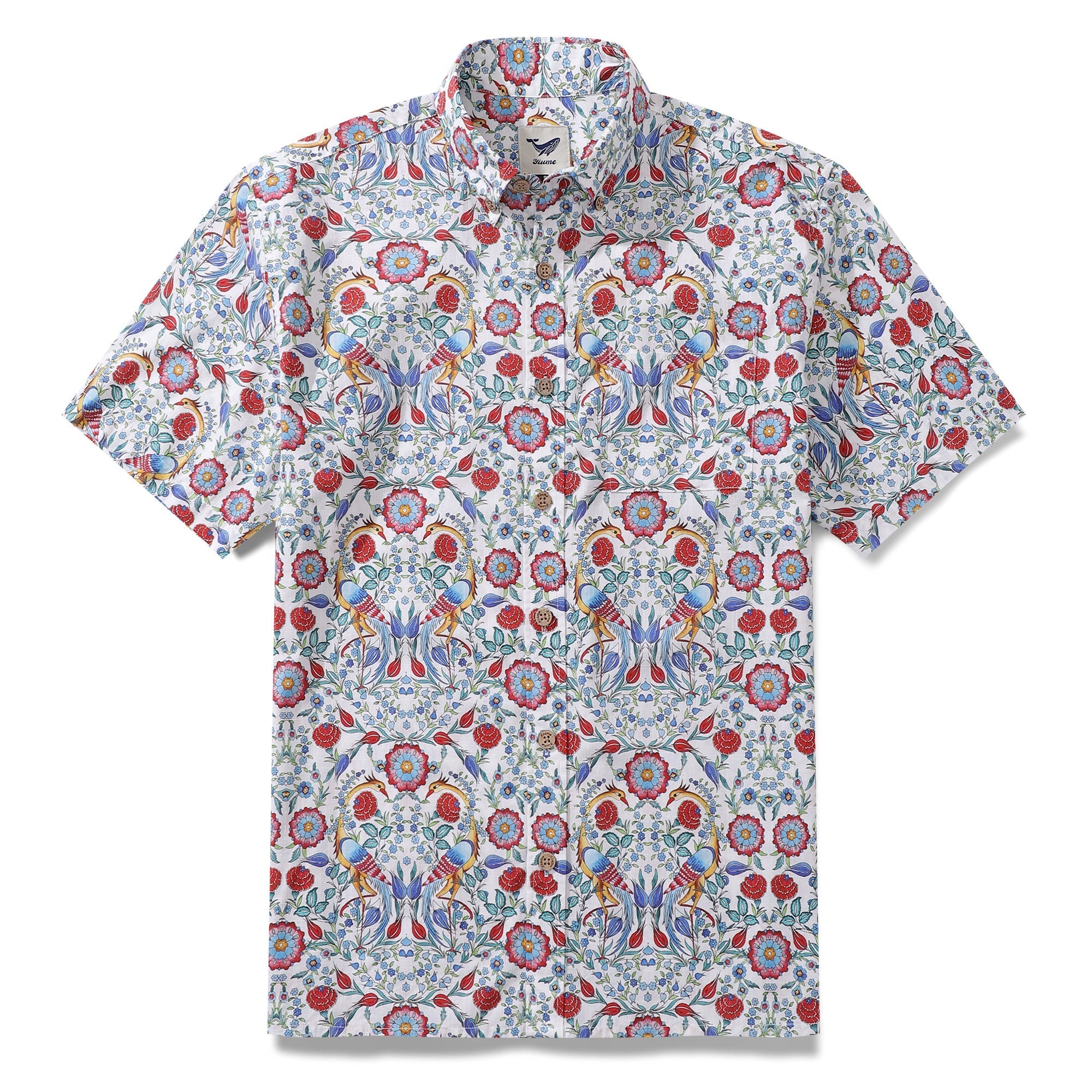 Men's short sleeve button-down shirt featuring a Turkish-inspired floral pattern in red, blue, and white.