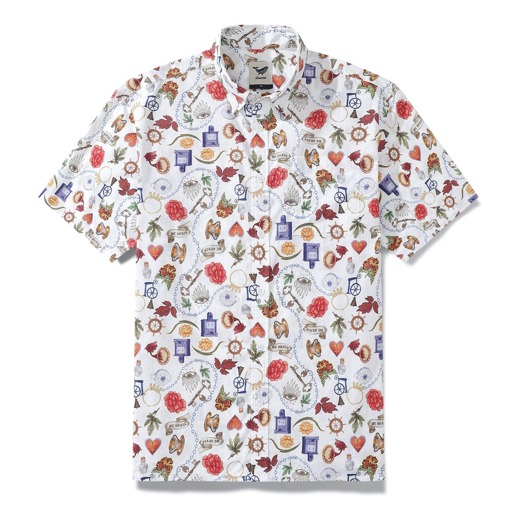 Men's white bohemian grocery store print cotton Hawaiian shirt