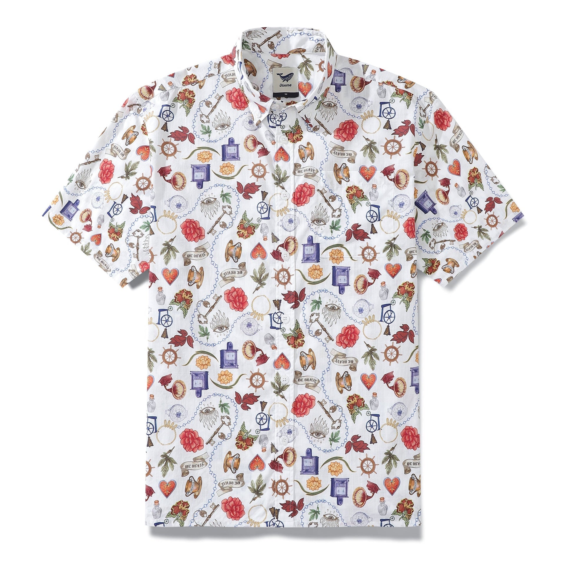 Men's white bohemian grocery store print cotton Hawaiian shirt