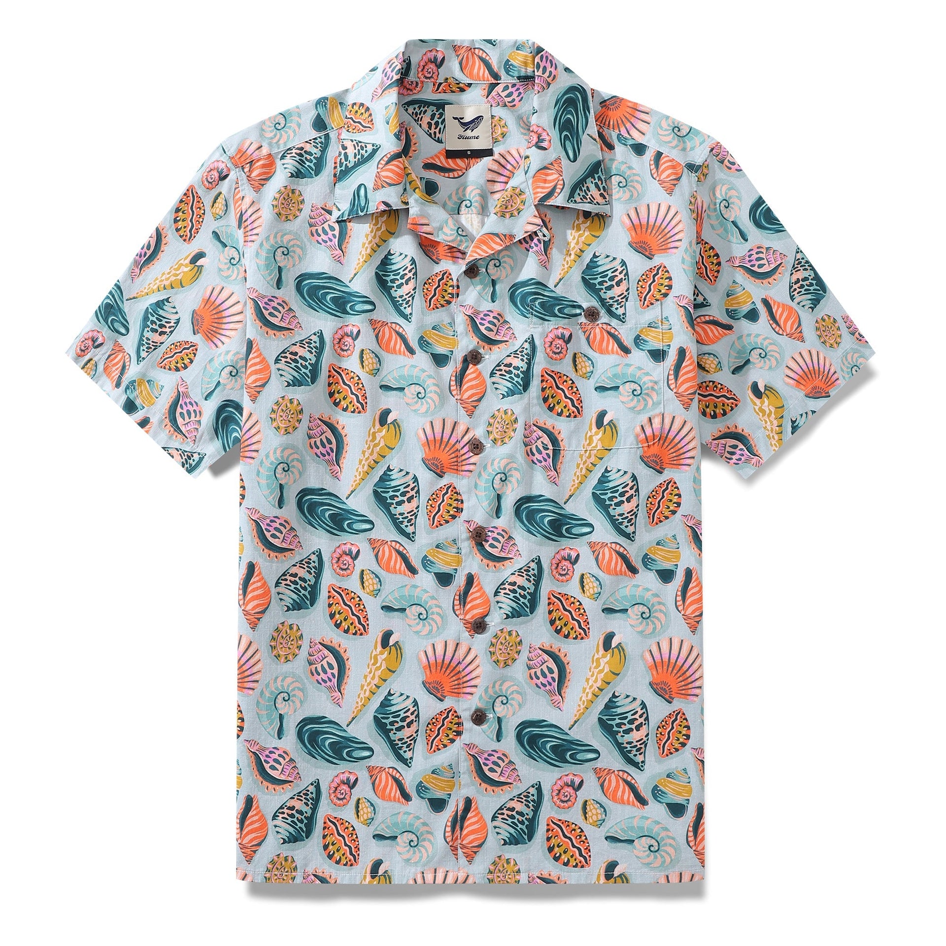 Men's blue and white seashell print shirt with a comfortable camp collar
