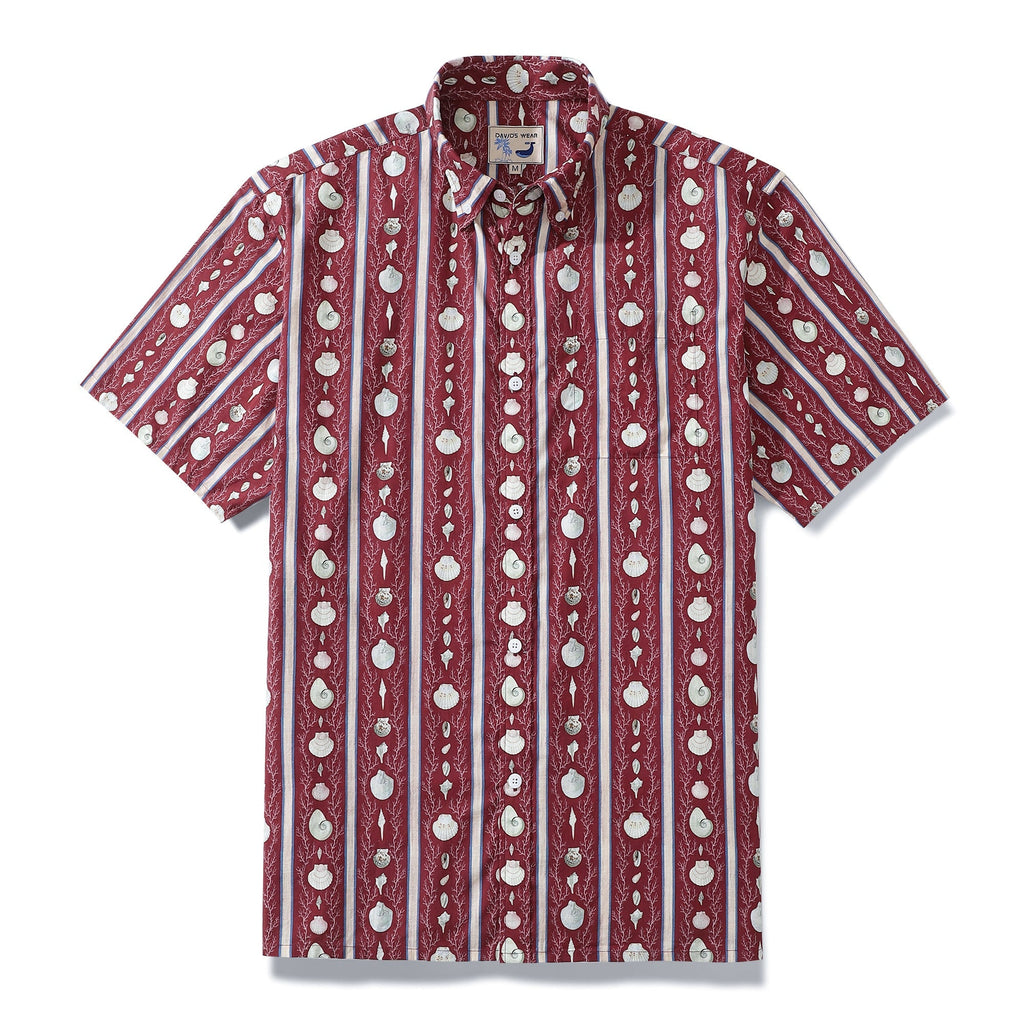 Vintage red men's Hawaiian shirt with vertical striped seashell patterns.