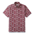 Vintage red men's Hawaiian shirt with vertical striped seashell patterns.