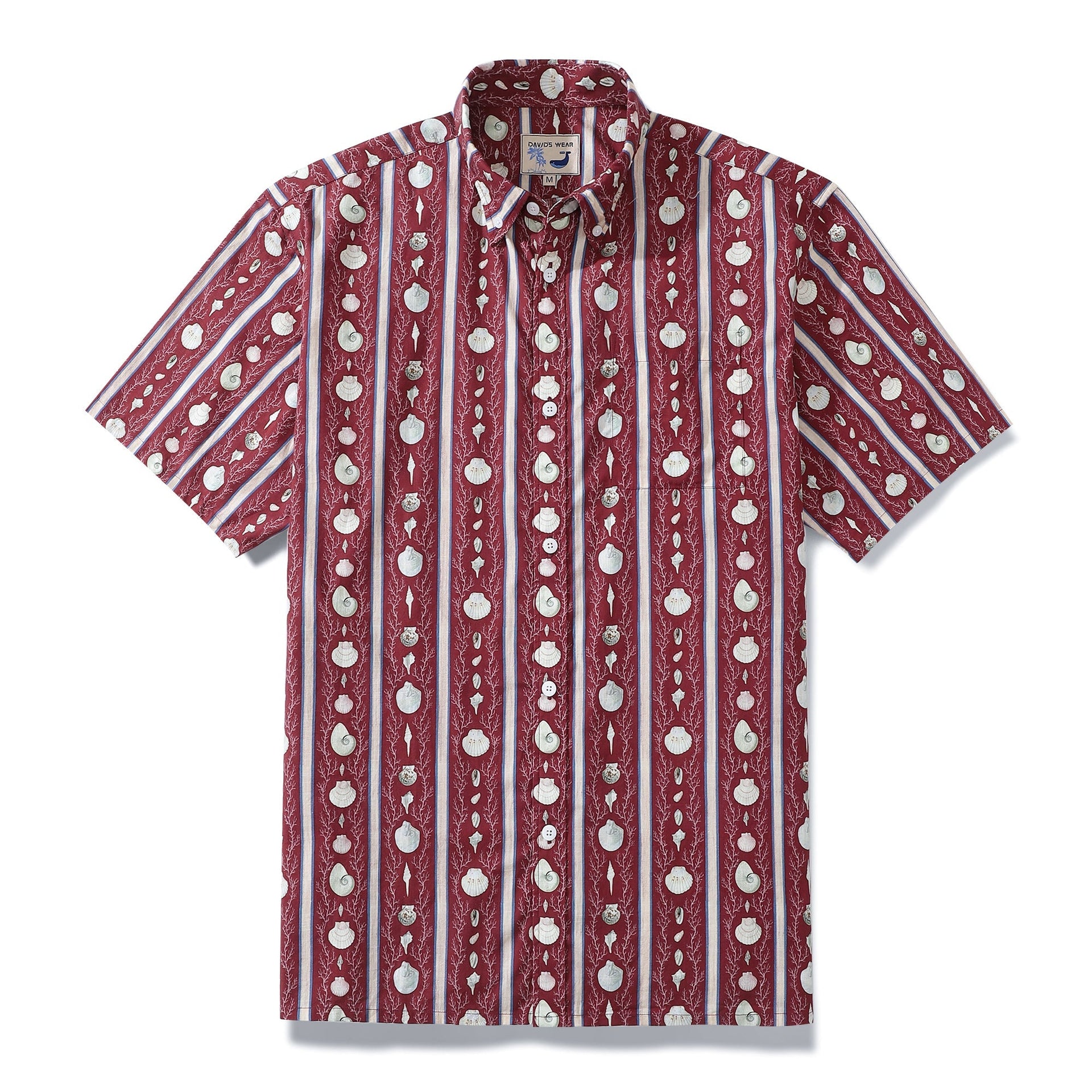 Vintage red men's Hawaiian shirt with vertical striped seashell patterns.