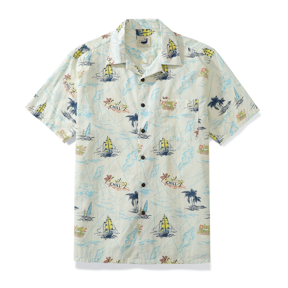 Close up of Men's 100% cotton camp shirt with coconut buttons and side vent detail