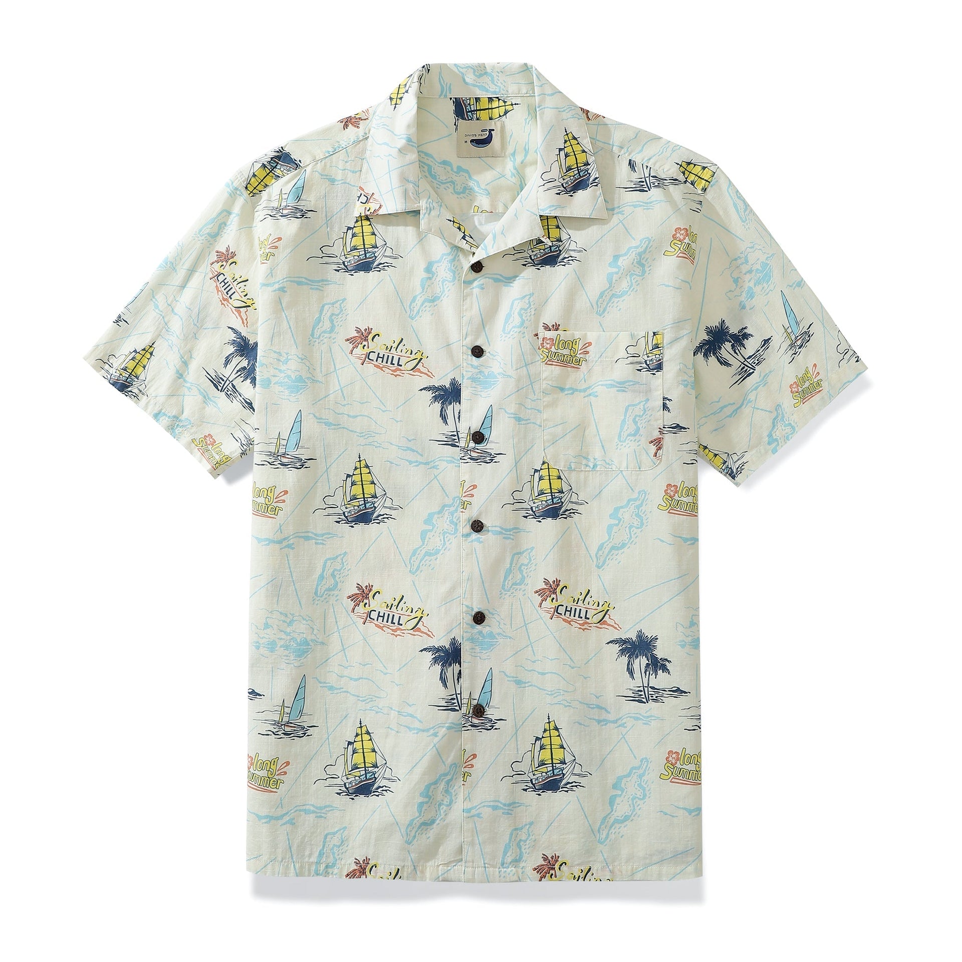 Close up of Men's 100% cotton camp shirt with coconut buttons and side vent detail