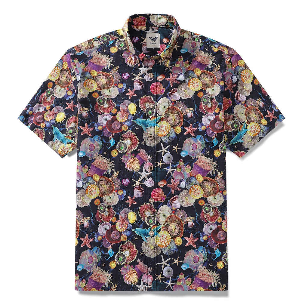 Men's short sleeve Hawaiian shirt featuring a vibrant coral reef pattern in deep sea colors.