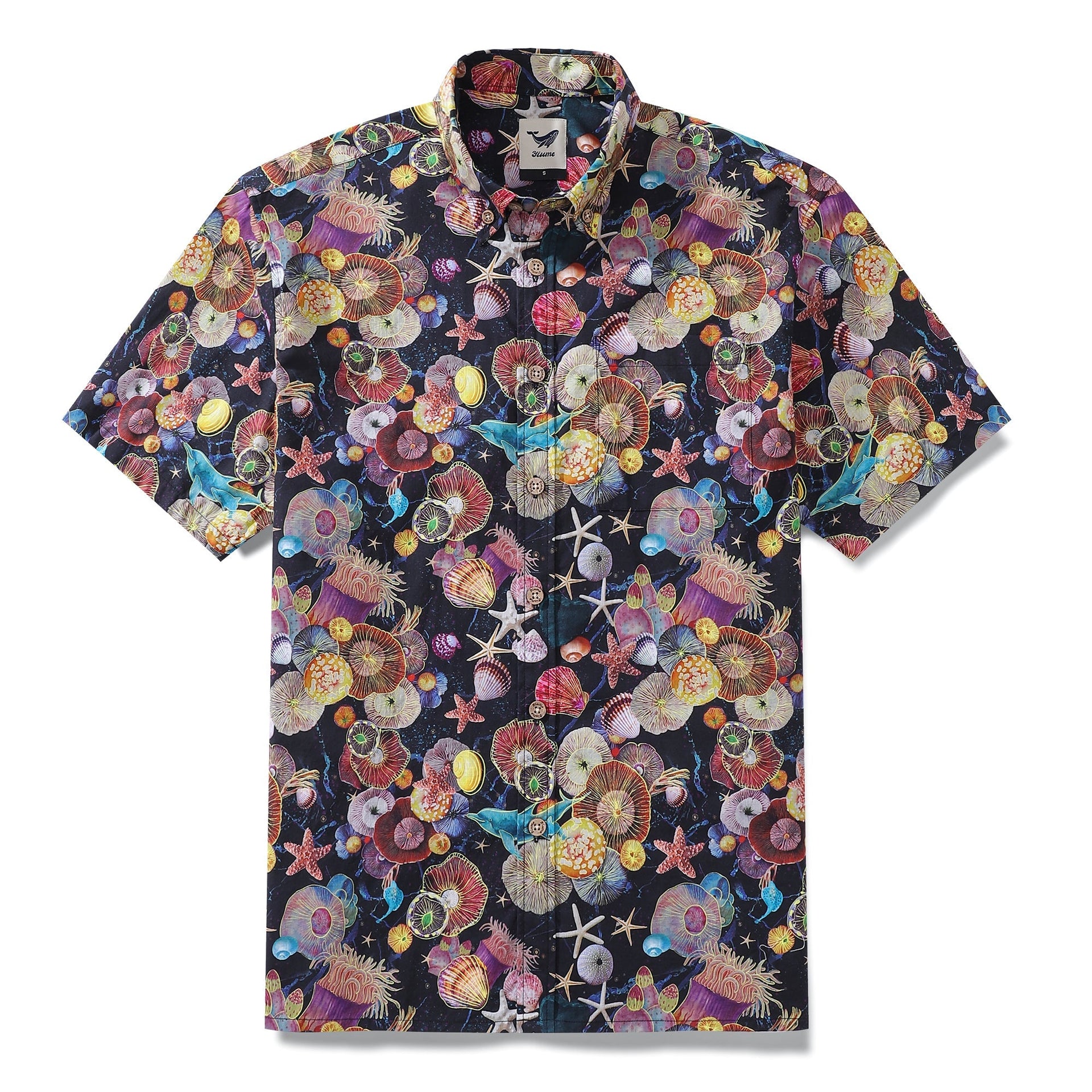 Men's short sleeve Hawaiian shirt featuring a vibrant coral reef pattern in deep sea colors.