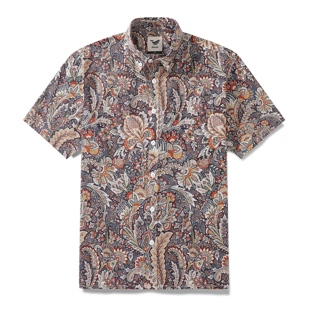 Men's navy and rust-orange scroll pattern Hawaiian shirt in cotton with mustard and cream floral motifs.