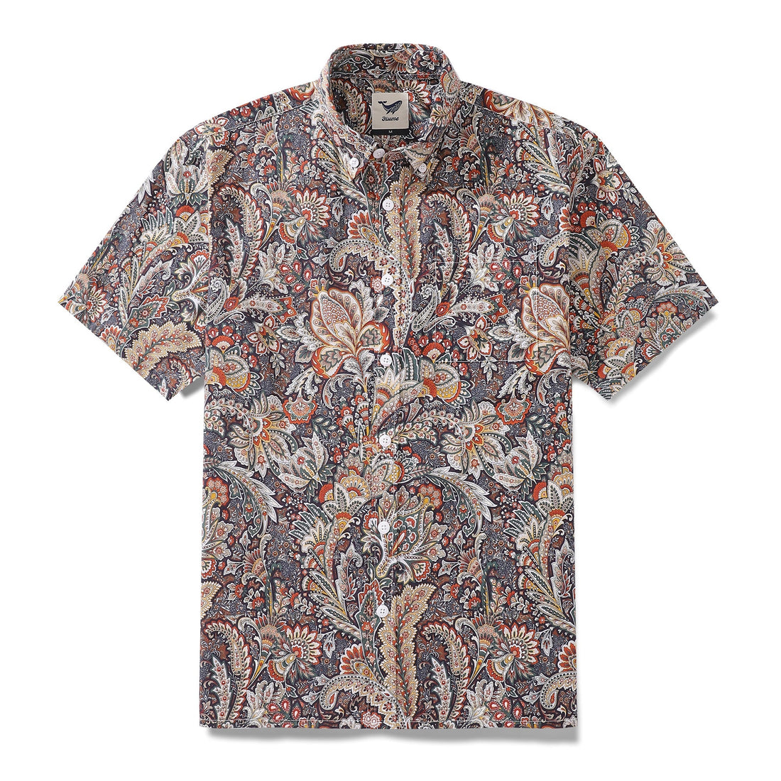 Men's navy and rust-orange scroll pattern Hawaiian shirt in cotton with mustard and cream floral motifs.